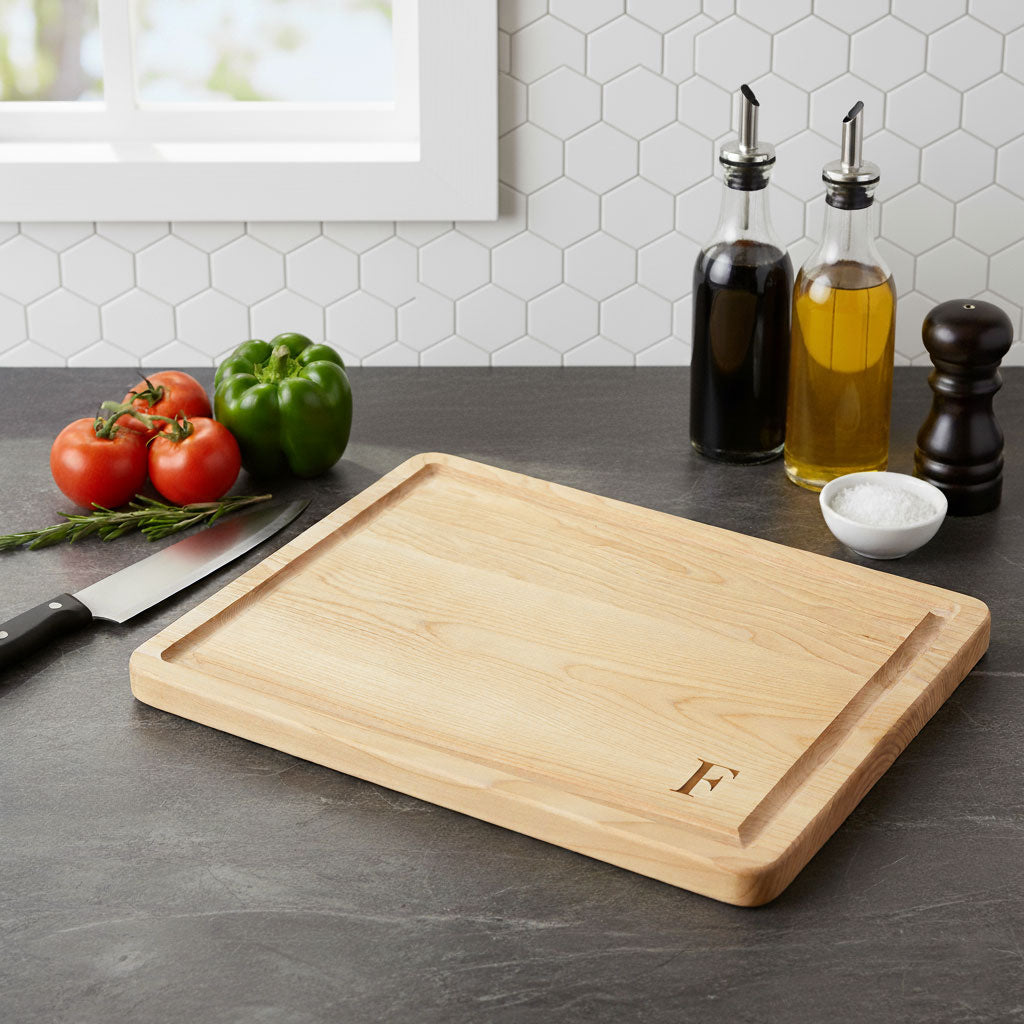 Wooden cutting board with engraved letter 'F' on a kitchen counter with vegetables and oils.