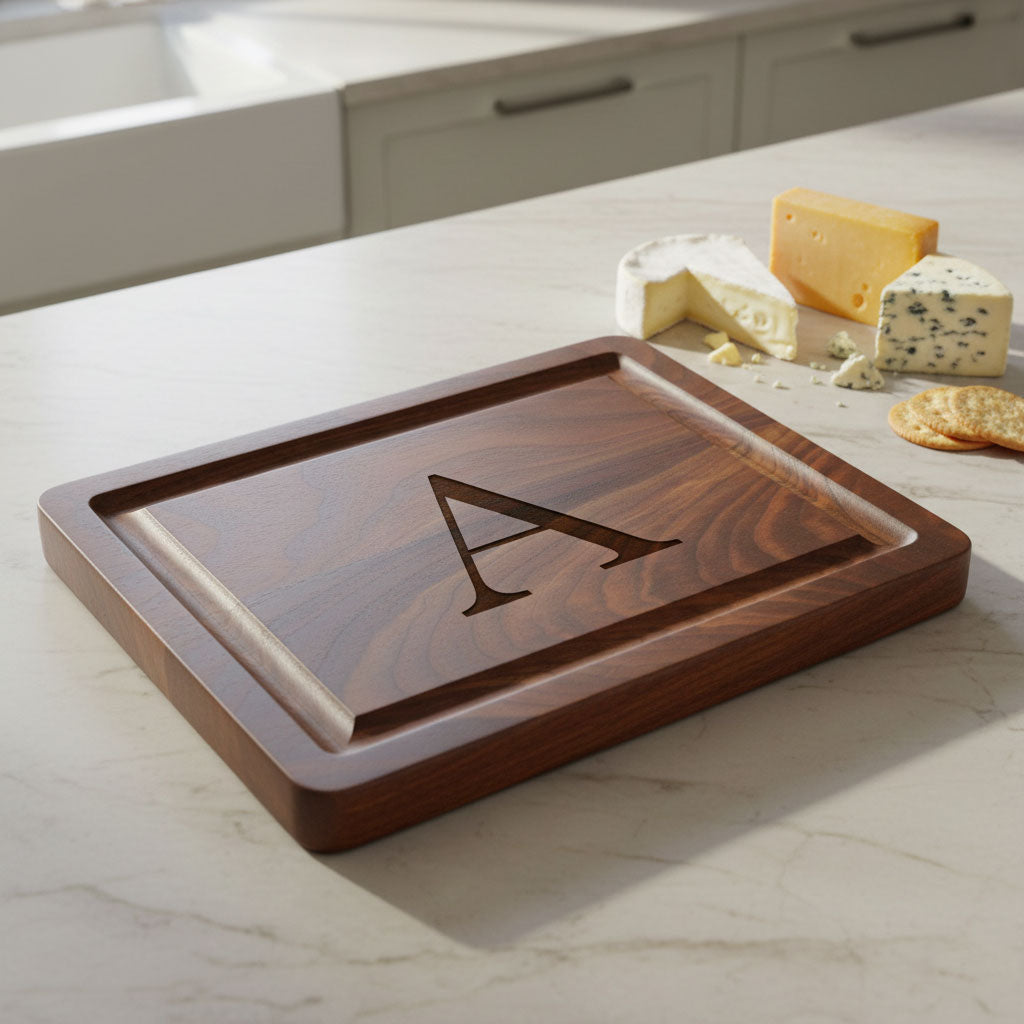 Wooden cutting board with engraved letter 'A' on a marble countertop with cheese and crackers.