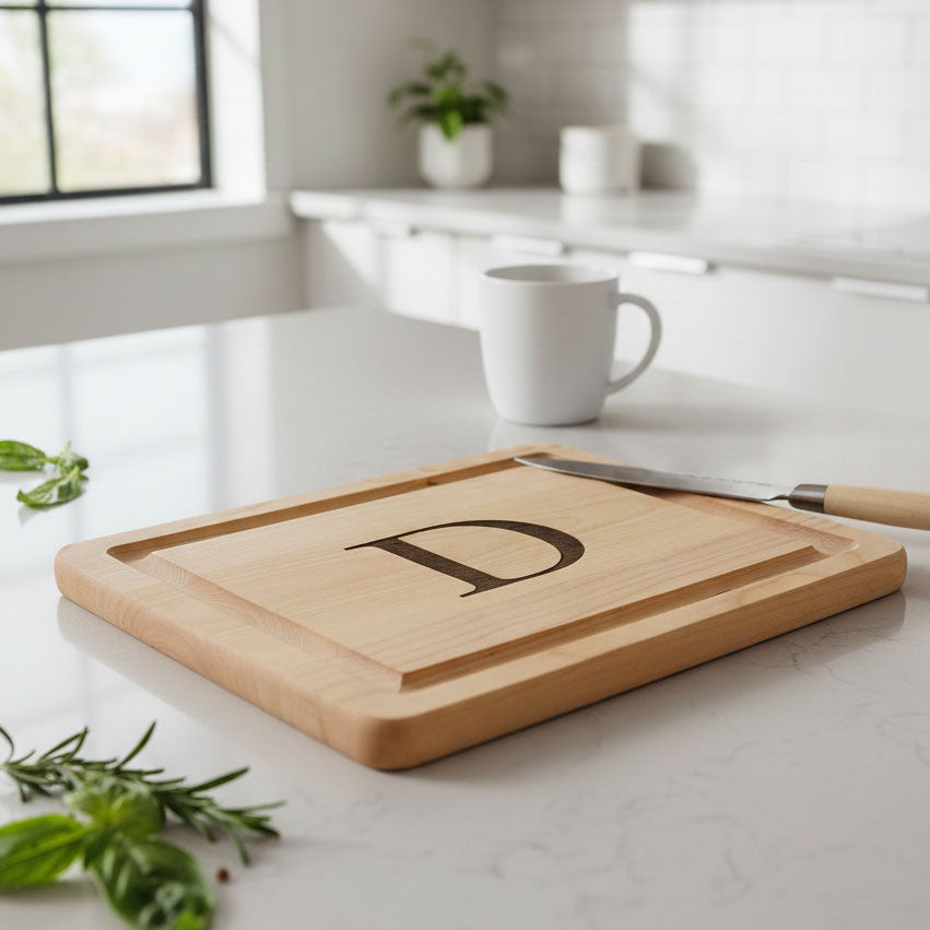 Wooden cutting board with a letter 'D' on a kitchen counter with a white mug and knife.
