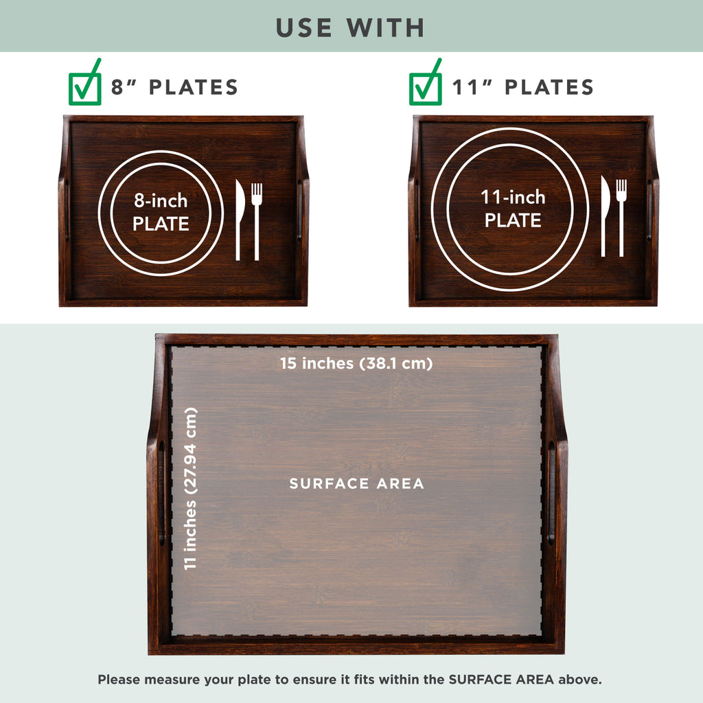 Wooden tray with dimensions and plate size information on a light green background