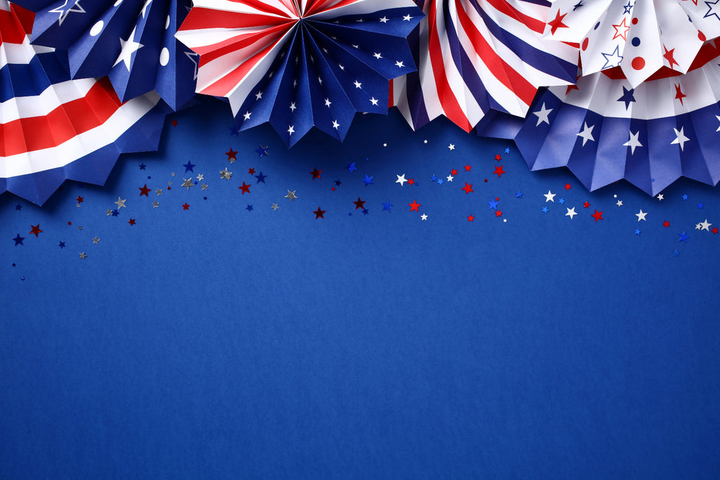 Blue solid background banner with memorial day flag and confetti background