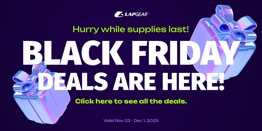 Black Friday promotional banner with gift boxes and text on a dark background, featuring the Lapgear brand.