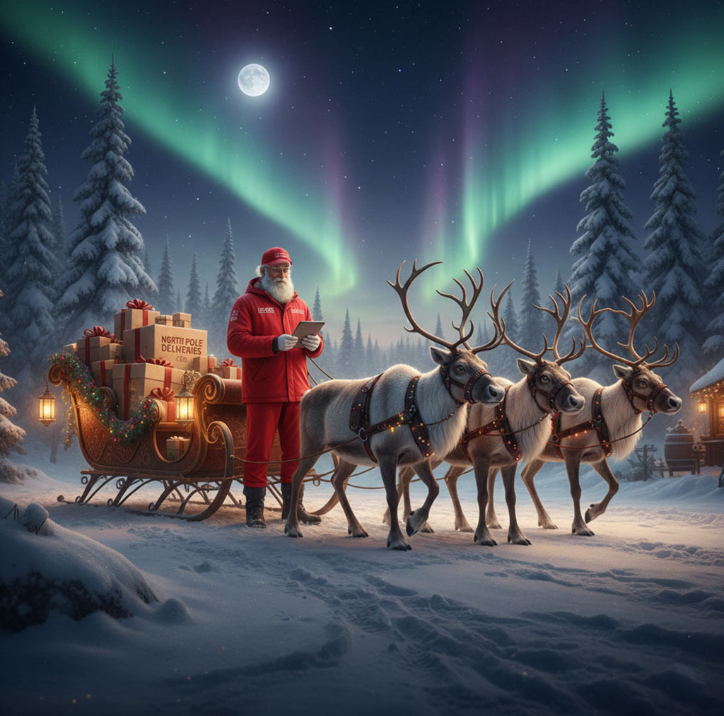 Santa Claus with reindeer and sleigh under the Northern Lights