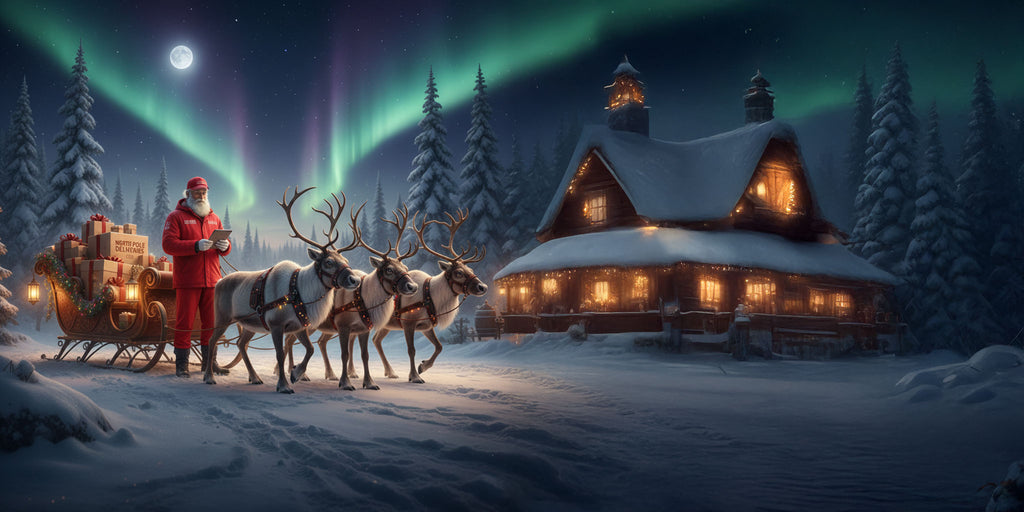 Santa Claus with reindeer and sleigh under the Northern Lights in a snowy village.