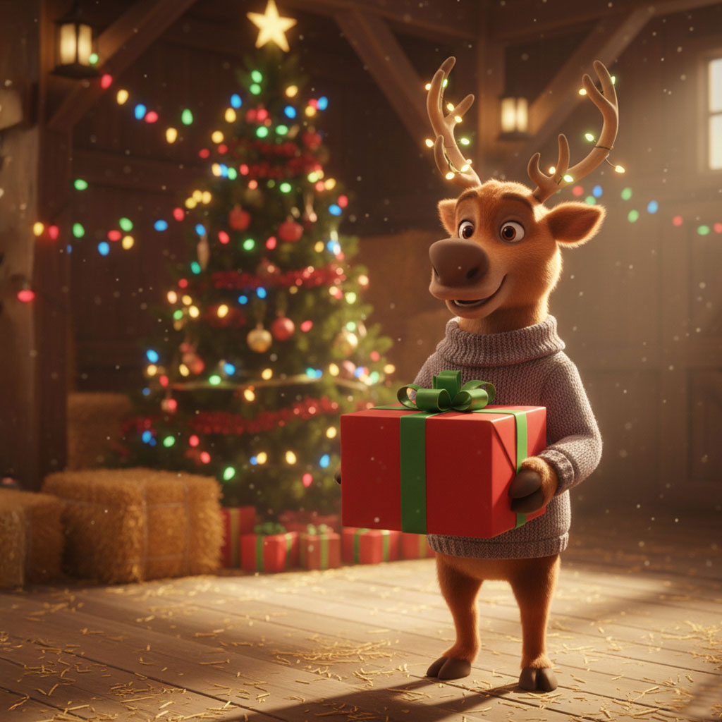 Reindeer in a sweater holding a gift box with a Christmas tree in the background