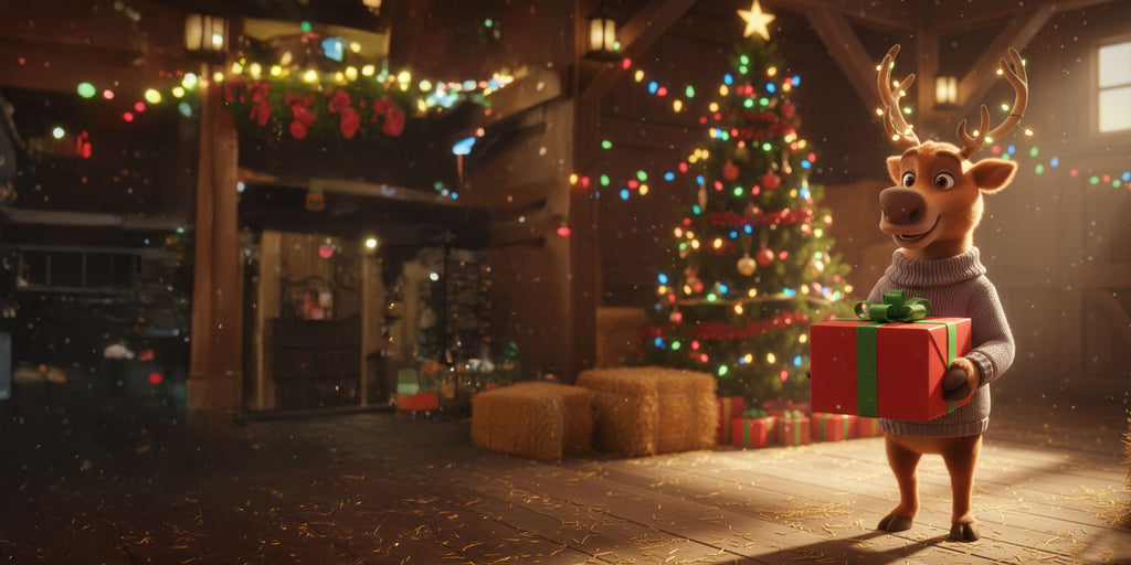 Animated reindeer holding a gift in a festive barn with Christmas decorations.